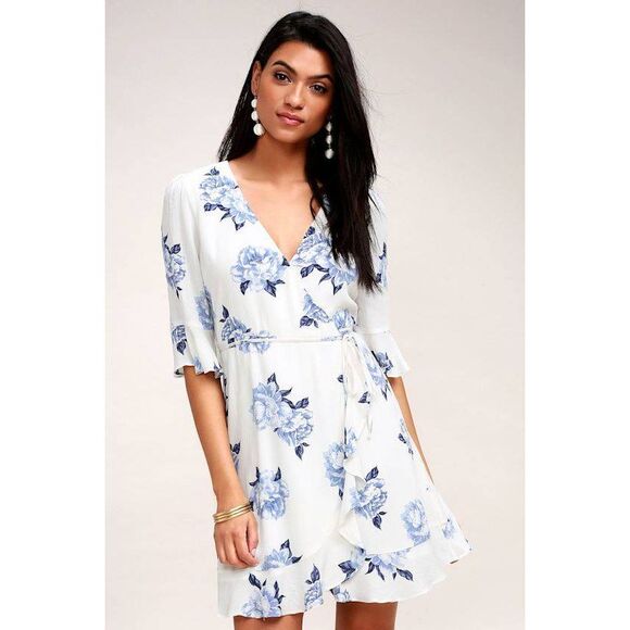 Lulus Pretty Peony Blue and White Floral Print Wrap Dress - Picture 1 of 9